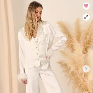 Lulus - Dreamiest Delight White Satin Feather Two-Piece Pajama Set